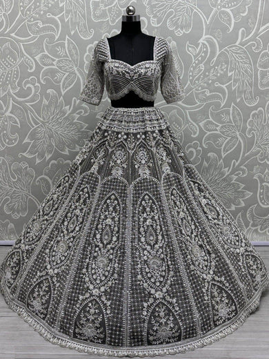 Magnificent Grey Pearl Work Net Engagement Wear Lehenga Choli - Ethnic Plus In